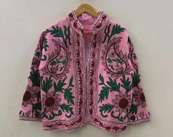 Embroidered Cotton Suzani Jacket, Boho Ethnic Floral Short Coat