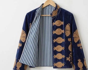 Vintage Velvet Suzani Jacket, Embroidered Boho Kimono Coat