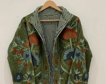 Handmade Velvet Suzani Kimono Jacket | Embroidered Bohemian Coat