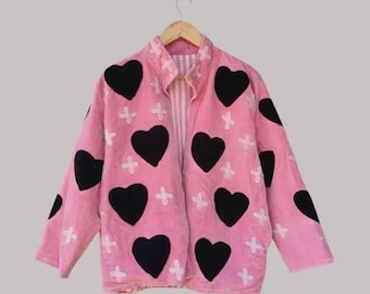 Pink Velvet Heart Embroidered Jacket | Boho Cotton Suzani Coat