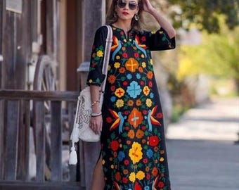 Embroidered Mexican Maxi Dress | Butterfly Sleeves, Latina Style, Maternity Friendly