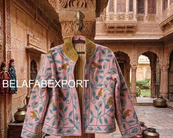 pink Embroidered Suzani Cotton Jacket, Boho Ethnic Floral Bird Design, Women's Outerwear