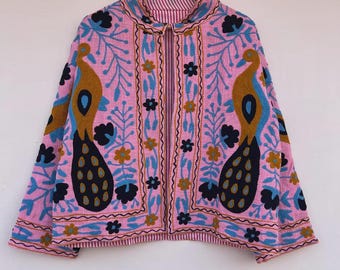 Embroidered Cotton Suzani Jacket, Boho Ethnic Floral Short Coat