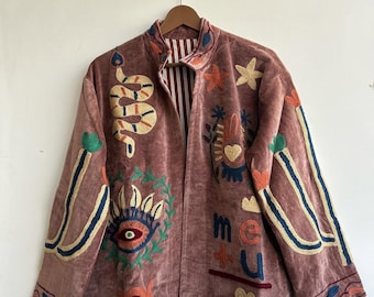 mahroon Hand-Embroidered Cotton Suzani Jacket | Boho Ethnic Floral Velvet Coat