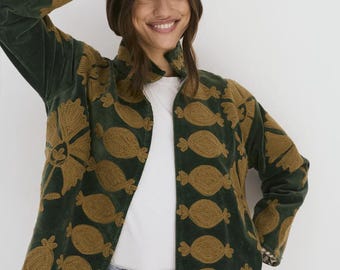 Vintage Velvet Suzani Jacket, Embroidered Boho Kimono Coat