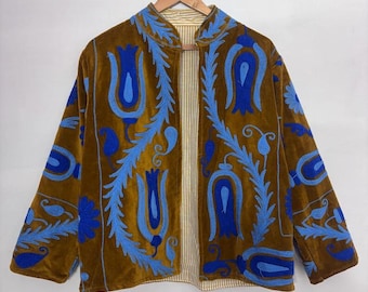 Handmade Suzani Velvet Jacket | Embroidered Boho Cotton Lined Coat | hand embroidered