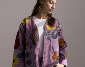 Bestickte Suzani Baumwolljacke | Handgemachter Kurzer Festival Mantel | Ethnische Boho Oberbekleidung | Winter Kimono Jacke | Geschenk für Frau