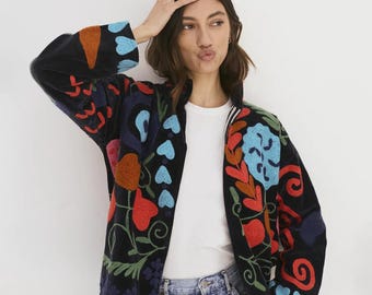 Soft Velvet Suzani Winter Short Jacket | Winter Handmade Jacket | Embroidered Jacket Coat | Velvet Jacket | Suzani Coat , Robe | One Size