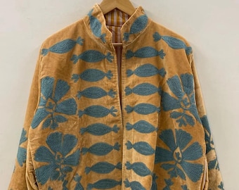 Vintage Velvet Suzani Jacket, Embroidered Boho Kimono Coat