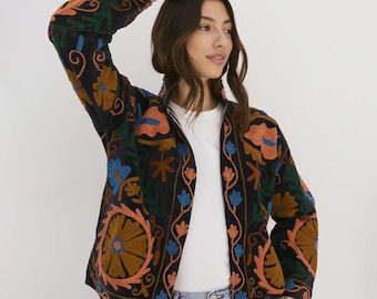 Soft Velvet Suzani Winter Short Jacket | Winter Handmade Jacket | Embroidered Jacket Coat | Velvet Jacket | Suzani Coat , Robe | One Size