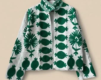 Embroidered Cotton Suzani Jacket, Boho Ethnic Floral Short Coat