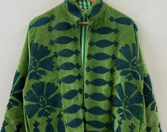 Vintage Velvet Suzani Jacket, Embroidered Boho Kimono Coat
