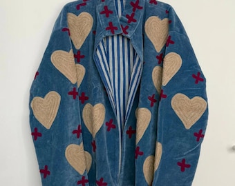 Handmade Cotton Velvet Suzani Jacket | Embroidered Boho Coat