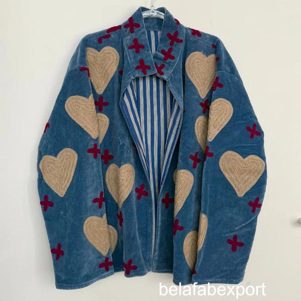 Handmade Cotton Velvet Suzani Jacket | Embroidered Boho Coat