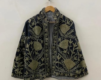 Embroidered Cotton Suzani Jacket, Boho Ethnic Floral Short Coat