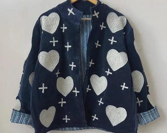 Handmade Cotton Suzani Jacket | Boho Ethnic Heart Embroidery Coat