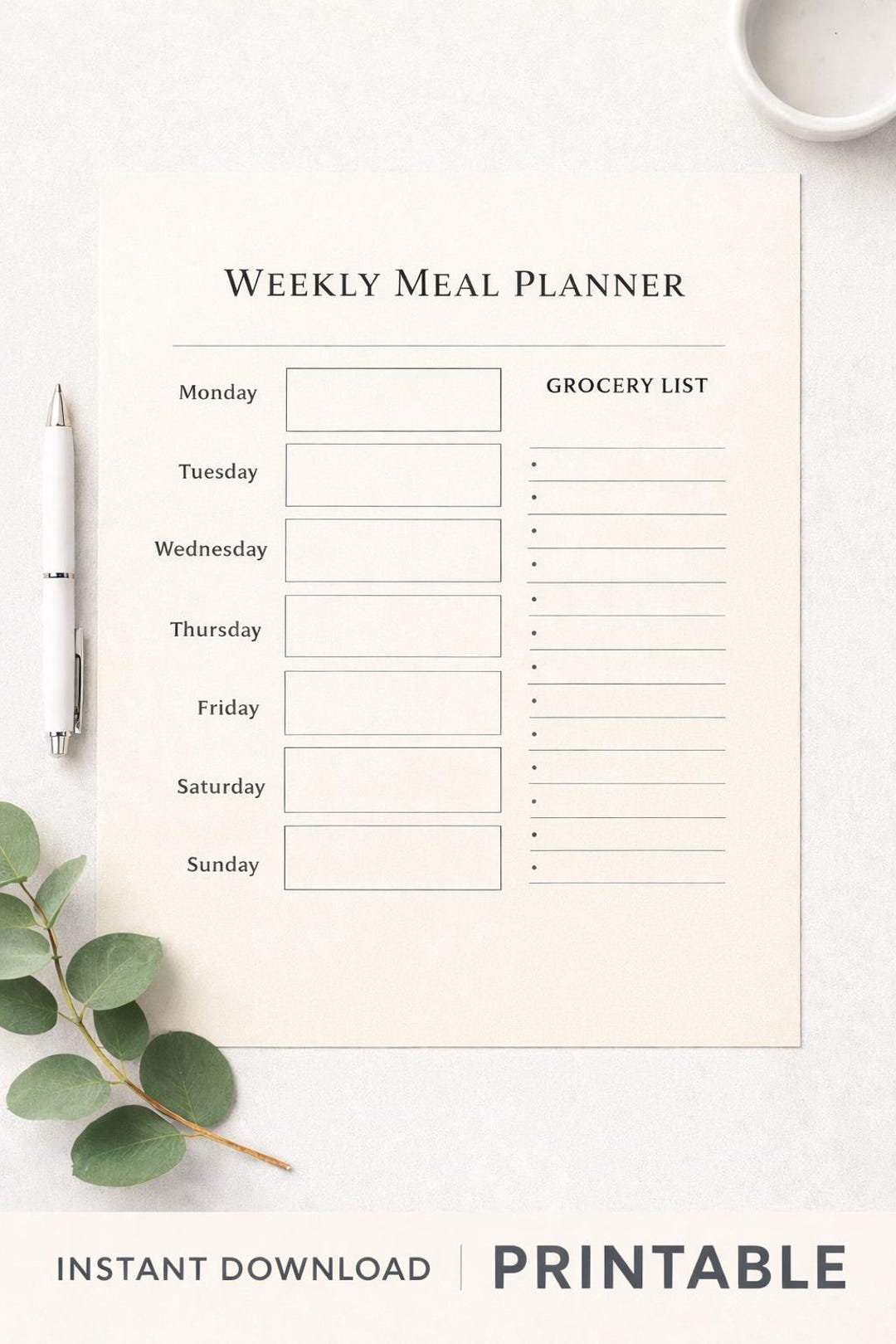 Weekly Meal Planner Printable | Minimalist Meal Planning Sheet | Simple ...