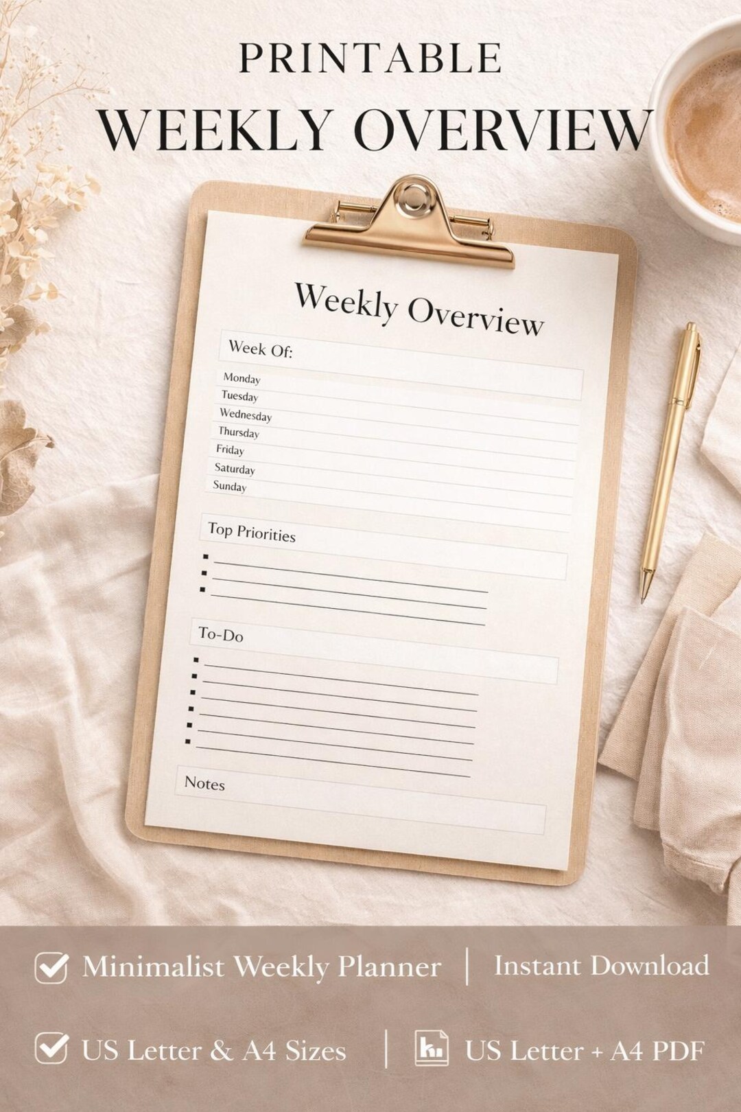 Minimal Weekly Planner Printable – Neutral Beige Weekly Overview ...