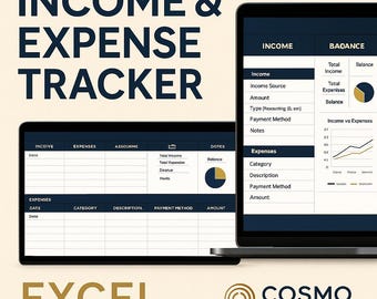 May include: Two laptops displaying an income and expense tracker spreadsheet. The text "INCOME & EXPENSE TRACKER" is at the top. The spreadsheet includes sections for income, expenses, and balance, with charts and graphs. The word "EXCEL" is at the bottom.