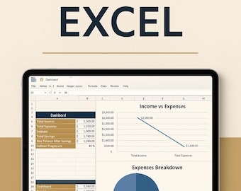May include: A digital tablet displays a financial dashboard titled "MONTHLY BUDGET EXCEL." The screen shows income vs. expenses, expense breakdowns, and financial data tables. The bottom of the image displays "COSMO DIGITAL SYSTEMS."