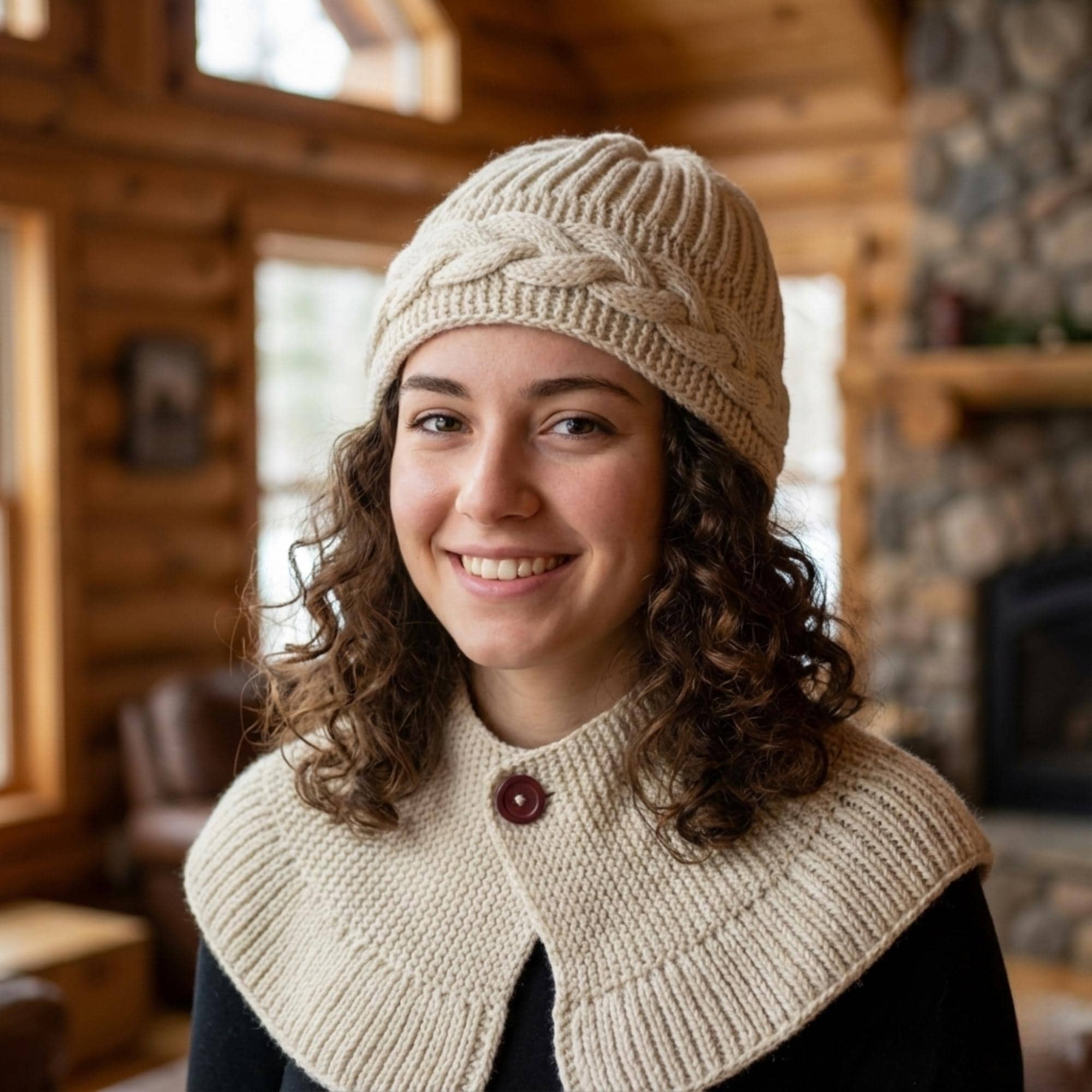 Knitted Hat and Neck Warmer Set, Cable Knit Beanie & Button 