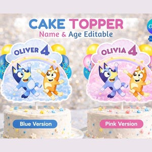 Könnte beinhalten: Kuchendekorationen mit Zeichentrickfiguren, mit dem Text "CAKE TOPPER Name & Age Editable". Eines ist blau mit "OLIVER 4", das andere rosa mit "OLIVIA 4". Jeder Kuchen hat ein Etikett "Blue Version" oder "Pink Version".