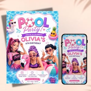 Op de afbeelding: Uitnodiging voor een zwembadfeest met illustraties van meisjes, een flamingo-drijver en een strandbal. De uitnodiging bevat de tekst "Pool Party! Olivia's 6th Birthday" en evenementdetails. Er wordt ook een telefoonuitnodiging getoond.
