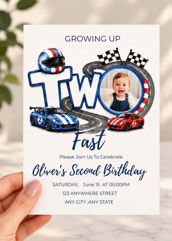 Two Fast Birthday Invitation with Photo, Editable Race Car 2nd Birthday Invitation Template, Growing Up Two Fast Invite, Boy Second Birthday