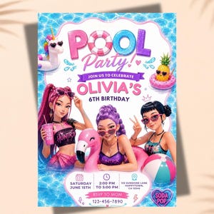 Invito per festa in piscina a tema Kpop, invito di compleanno modificabile per ragazze preadolescenti, modello di invito estivo per cellulare in Canva (download digitale)