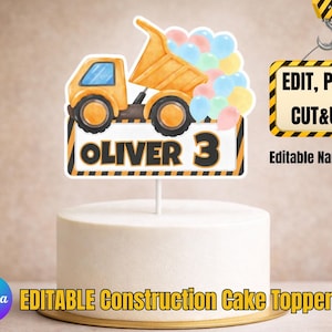 Könnte beinhalten: Ein Tortenaufsatz mit einem gelben Baufahrzeug, blauem Fenster und orangefarbenen Rädern, mit dem Namen "OLIVER 3". Der Aufsatz befindet sich auf einem weißen Kuchen. Das Bild enthält auch den Text "EDIT, PRINT, CUT&USE" und "EDITABLE Construction Cake Topper".
