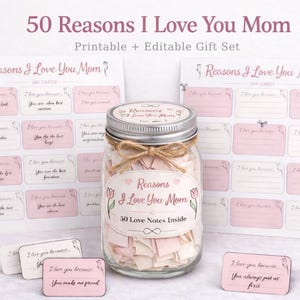 May include: A glass jar filled with love notes, labeled "Reasons I Love You Mom." The jar is surrounded by pink and white cards with fill-in-the-blank prompts. The set includes the text "50 Reasons I Love You Mom" and is a printable and editable gift set.