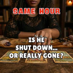 May include: A tarot card reading scene with lit candles and three tarot cards laid out. The text "SAME HOUR" and "IS HE SHUT DOWN... OR REALLY GONE?" are displayed. The scene suggests a spiritual or divination theme.