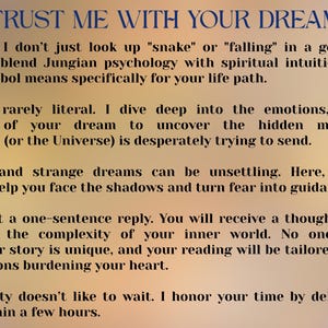 May include: A poster with text on a gradient background. The title is "WHY TRUST ME WITH YOUR DREAMS?" followed by paragraphs describing dream analysis, combining psychology and intuition. It promises detailed analysis.