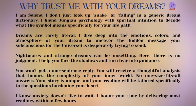 May include: A poster with text on a gradient background. The title is "WHY TRUST ME WITH YOUR DREAMS?" followed by paragraphs describing dream analysis, combining psychology and intuition. It promises detailed analysis.