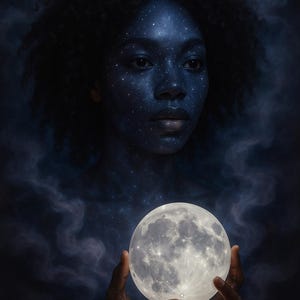 May include: Digital artwork of a woman with a starry night sky painted on her face and shoulders. She holds a glowing, full moon in her hands. The background is dark with wisps of smoke.