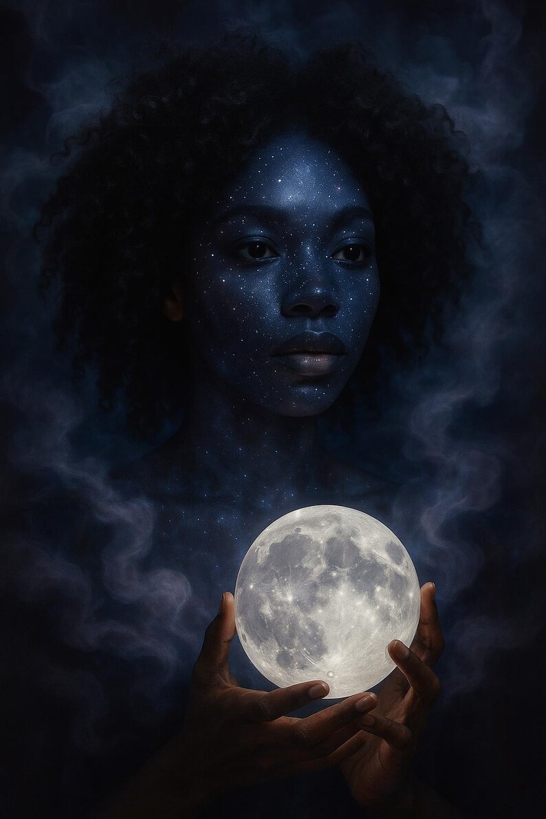 May include: Digital artwork of a woman with a starry night sky painted on her face and shoulders. She holds a glowing, full moon in her hands. The background is dark with wisps of smoke.