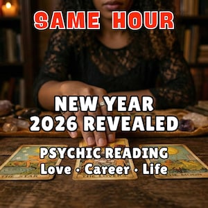 May include: Image of a psychic reading with tarot cards, candles, and text that reads "SAME HOUR", "NEW YEAR 2026 REVEALED", and "PSYCHIC READING Love • Career • Life". The scene is dimly lit with warm candlelight.