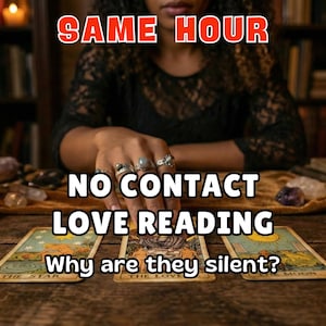Pode incluir: Uma cena de leitura de cartas de tarô com velas acesas e o texto "SAME HOUR, NO CONTACT LOVE READING, Why are they silent?" nas cartas. A cena é montada em uma mesa de madeira com uma mão.