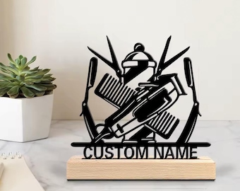 Letrero de barbería con nombre personalizado y base de madera, diseño de acrílico negro.