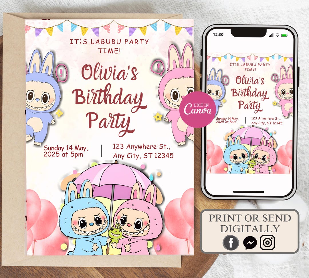 Labubu Invites Labubu Birthday Invitation Template, Cute Cartoon Party Invite, Labubu ...