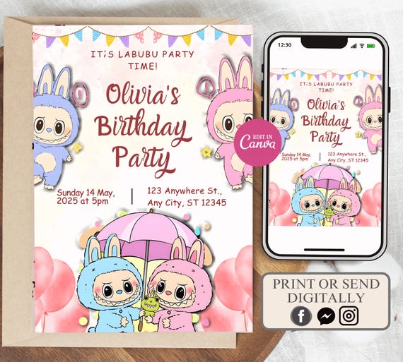 Labubu Birthday Invitation Template, Cute Cartoon Party Invite, Labubu monster Birthday Party, Cute Monsters Birthday Party Invitation