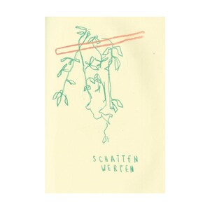 May include: A sketch of a plant with green leaves and stems hanging from a red horizontal line. The text "SCHATTEN WERFEN" is written in green below the plant on a cream-colored background.