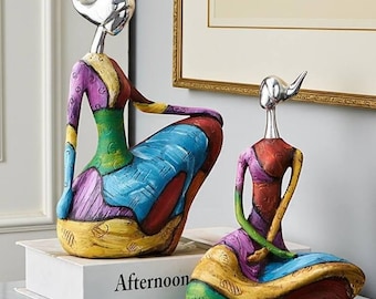 Escultura abstracta de mujer colorida, figura de arte moderno de resina, estatua abstracta femenina para decoración del hogar, adorno de mujer de resina, figura abstracta de resina
