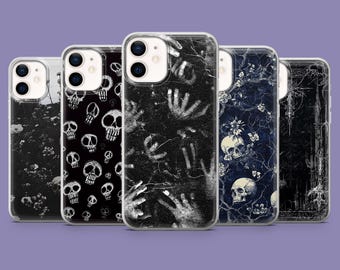 Capa para celular com caveira fossilizada em estilo grunge, capa gótica escura.