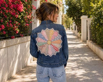 Blue Jean Jacket with Vintage Quilted Appliqué