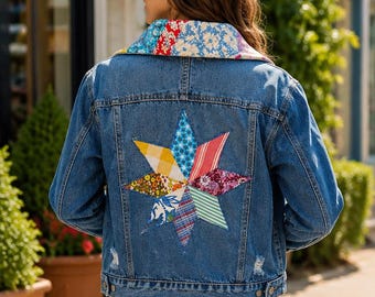 Blue Jean Jacket with Vintage Quilted Appliqué