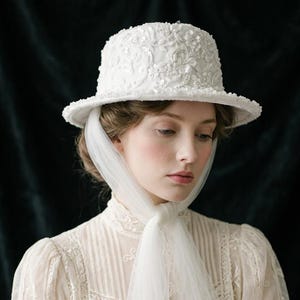 Vintage Inspired Ivory Lace Hat Embroidered Sequin Bridal Bucket Hat Romantic Wedding Headwear