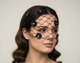 Black Birdcage Veil with Small Floral Rhinestone Accents, Floral Face Mask