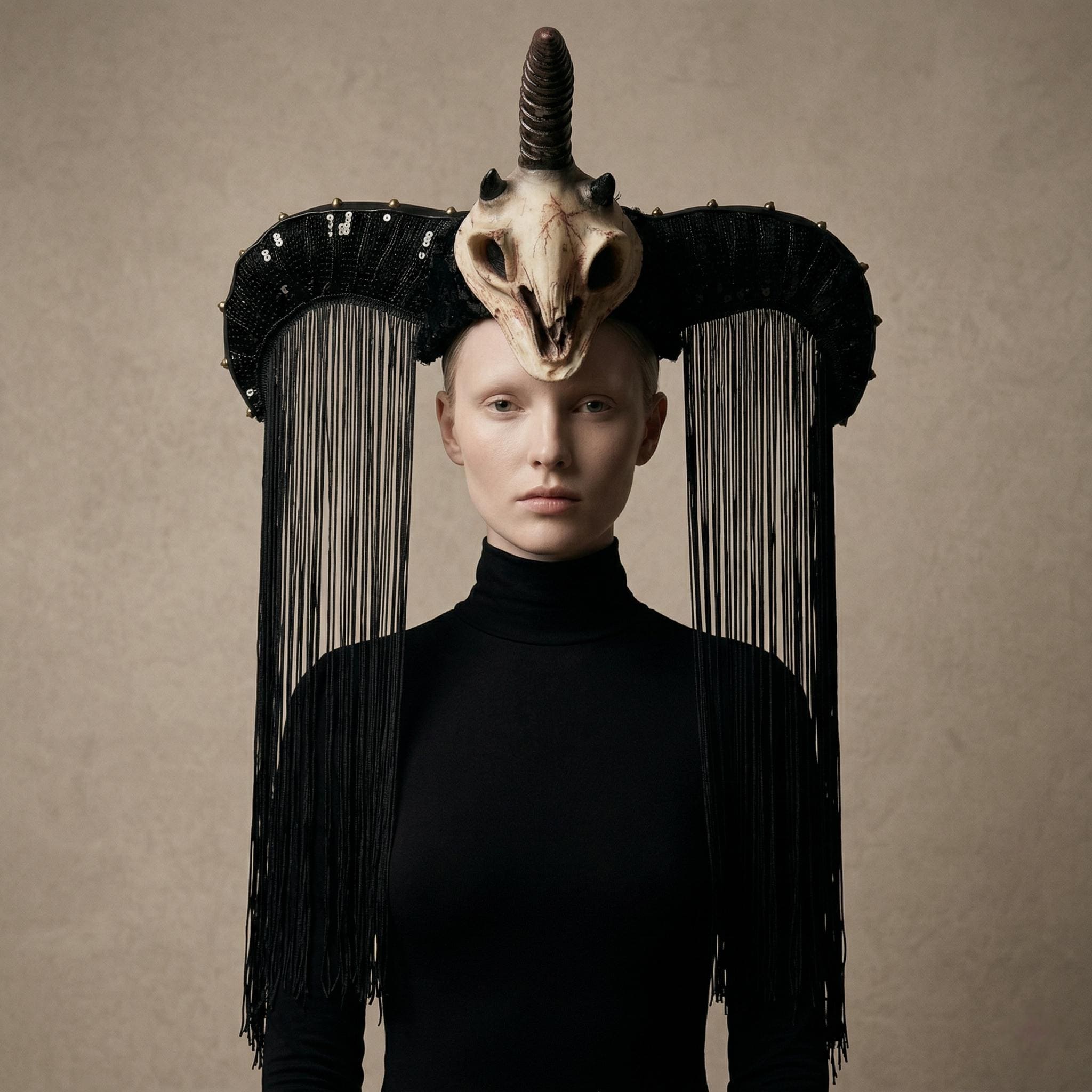 Gothic Unicorn Skull Headpiece with Beaded Fringe Macabre Dark Fantasy Couture Crown