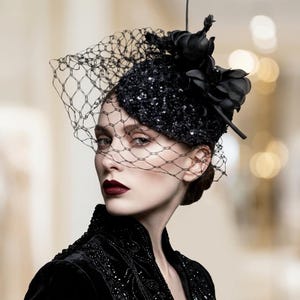 Black Feathered Sequined Cocktail Fascinator Hat - Women Accessories Black Sequin Fascinator Hat, Church and Wedding Headpiece - Etsy main image 2